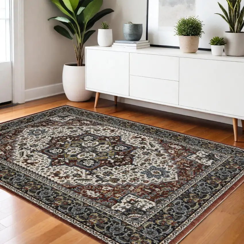 Red Black And White Medallion Area Rug With Fringe Photo 1