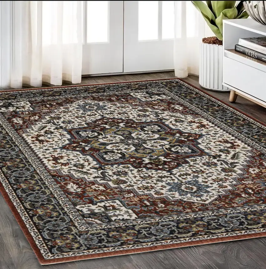 Red Black And White Medallion Area Rug With Fringe Photo 1
