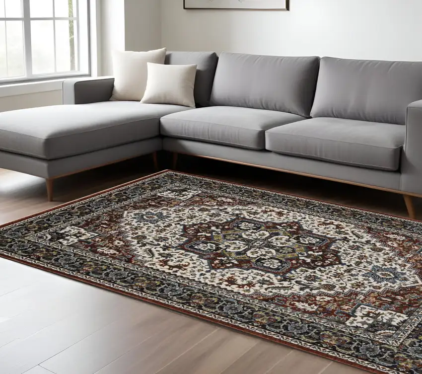 Red Black And White Medallion Area Rug With Fringe Photo 1