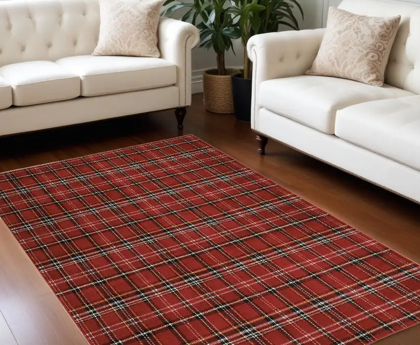 Red Black And White Plaid Area Rug Photo 1