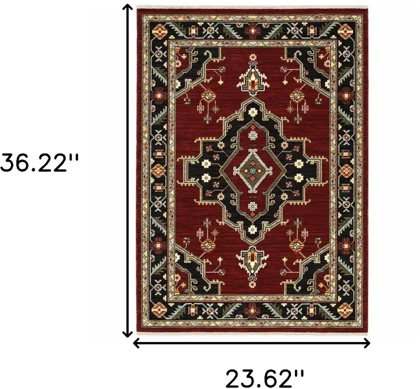 Red and Black Medallion Power Loom Area Rug Photo 3