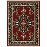 Photo of Red Black Beige And Blue Oriental Power Loom Stain Resistant Area Rug With Fringe