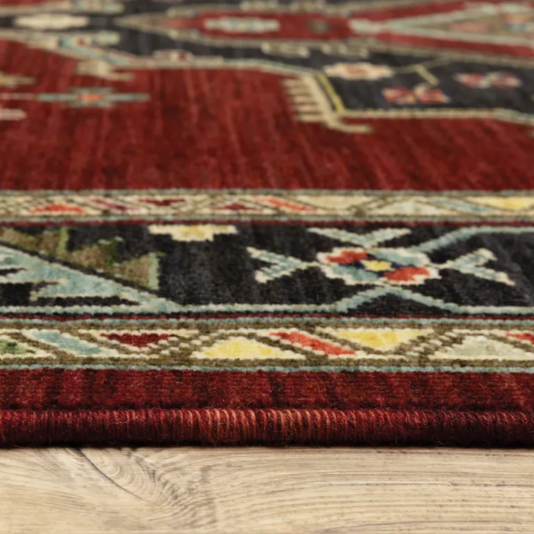 Red Black Beige And Blue Oriental Power Loom Stain Resistant Area Rug With Fringe Photo 5