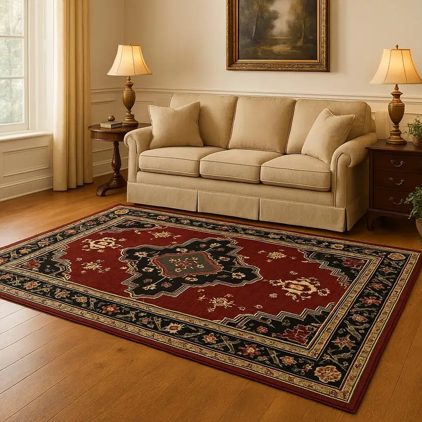 Red and Black Oriental Power Loom Area Rug Photo 1