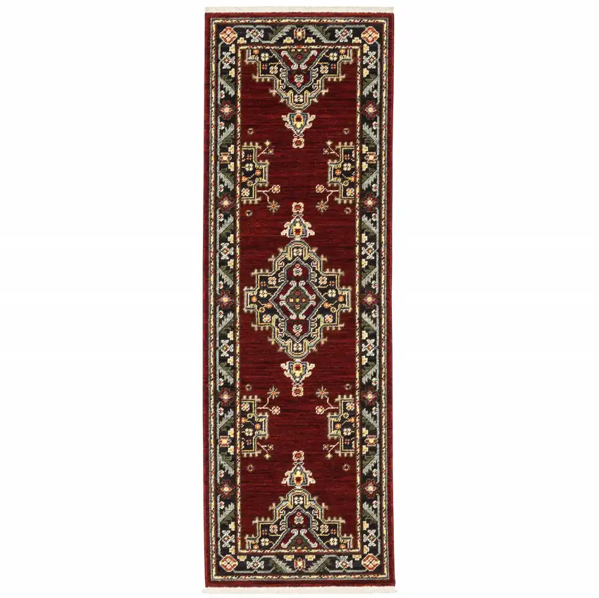 Red Black Beige And Blue Oriental Power Loom Stain Resistant Runner Rug With Fringe Photo 2