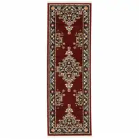 Photo of Red Black Beige And Blue Oriental Power Loom Stain Resistant Runner Rug With Fringe