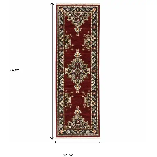 2' X 6' Red Black Beige And Blue Oriental Power Loom Stain Resistant Runner Rug With Fringe Photo 3