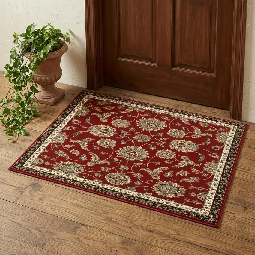 2' X 4' Red Black Blue Ivory Green And Salmon Oriental Power Loom Stain Resistant Area Rug Photo 1