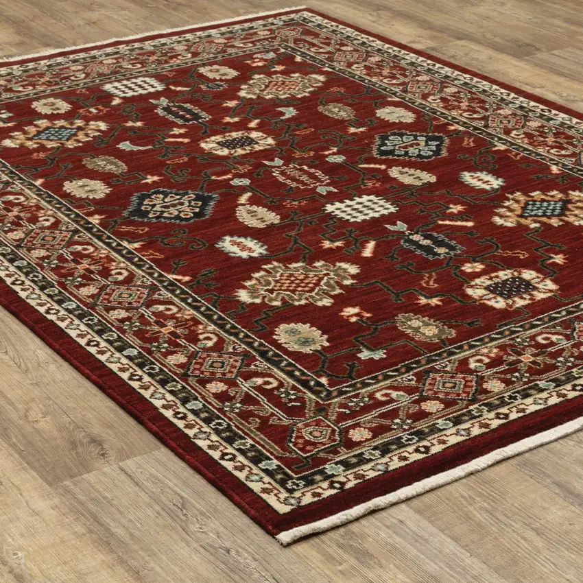 Red Black Ivory And Brown Oriental Power Loom Stain Resistant Area Rug With Fringe Photo 9