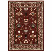 Photo of Red Black Ivory And Brown Oriental Power Loom Stain Resistant Area Rug With Fringe