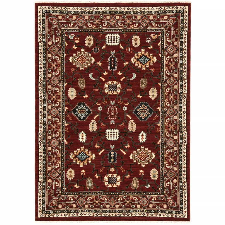 Red Black Ivory And Brown Oriental Power Loom Stain Resistant Area Rug With Fringe Photo 3