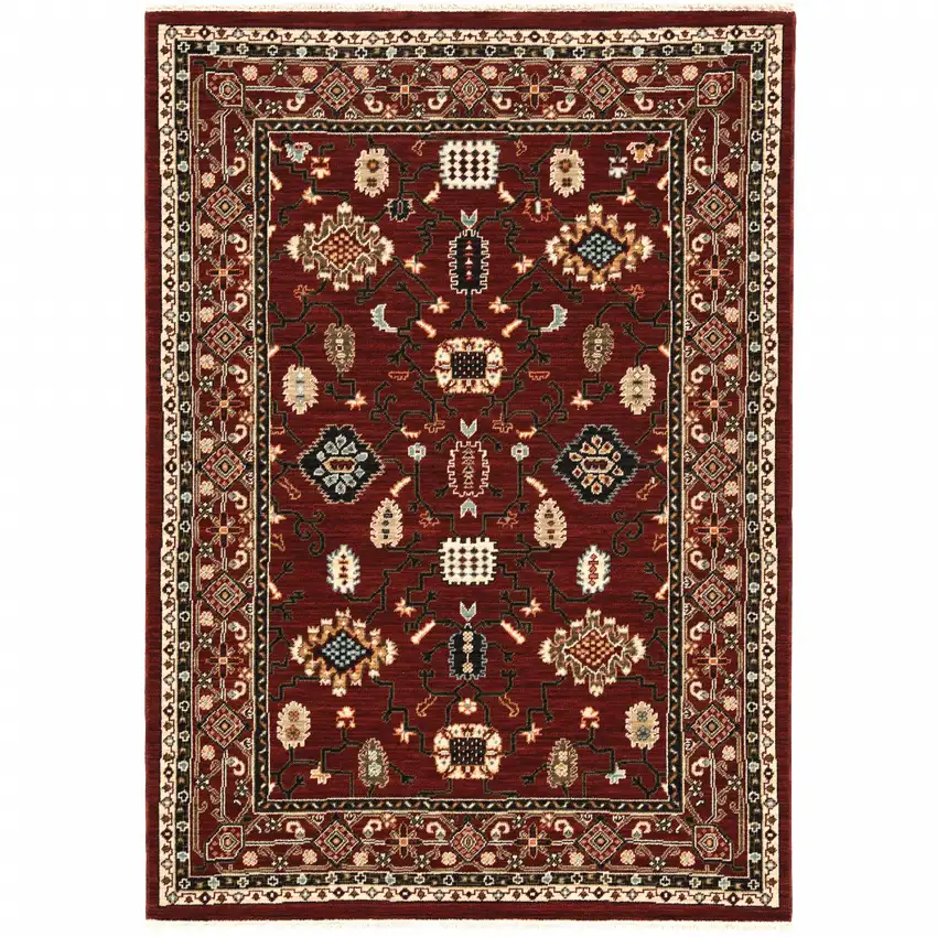 Red Black Ivory And Brown Oriental Power Loom Stain Resistant Area Rug With Fringe Photo 2