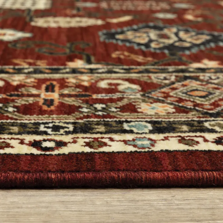 Red Black Ivory And Brown Oriental Power Loom Stain Resistant Area Rug With Fringe Photo 5
