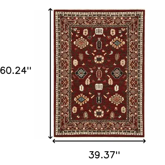 Red Black Ivory And Brown Oriental Power Loom Stain Resistant Area Rug With Fringe Photo 3