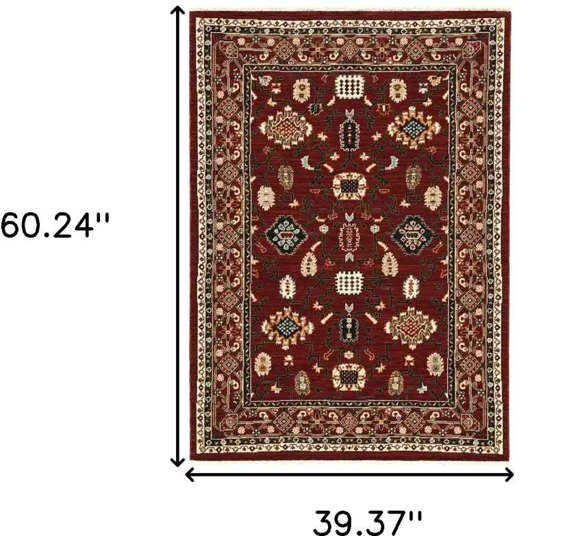 Red Black Ivory And Brown Oriental Power Loom Stain Resistant Area Rug With Fringe Photo 3
