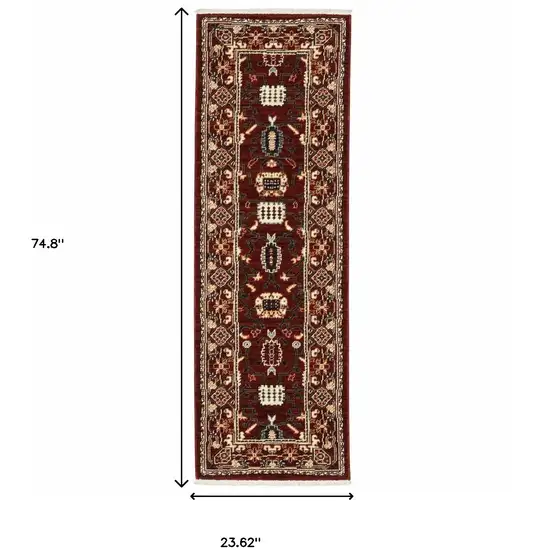 2' X 6' Red Black Ivory And Brown Oriental Power Loom Stain Resistant Runner Rug With Fringe Photo 3