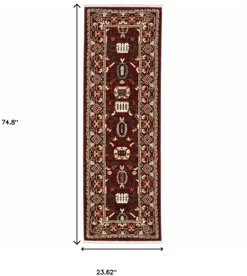 2' X 6' Red Black Ivory And Brown Oriental Power Loom Stain Resistant Runner Rug With Fringe Photo 3