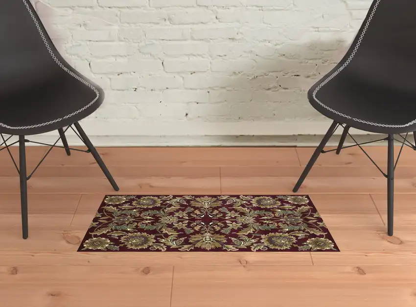 2'X3' Red Black Machine Woven Floral Traditional Indoor Accent Rug Photo 2