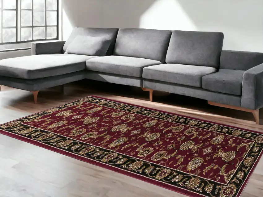 5'X8' Red Black Machine Woven Floral Traditional Indoor Area Rug Photo 1