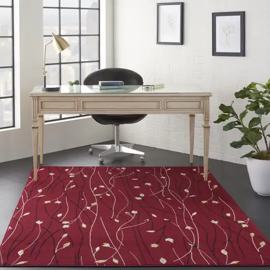 Red Black and Ivory Floral Vines Power Loom Area Rug Photo 3