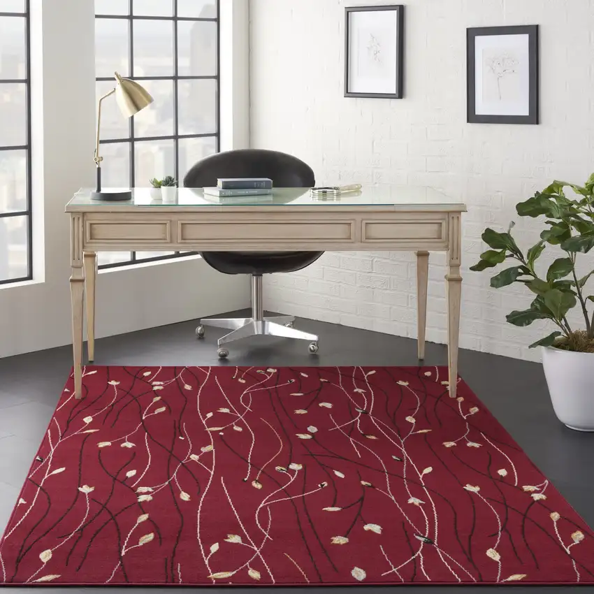 Red Black and Ivory Floral Vines Power Loom Area Rug Photo 3