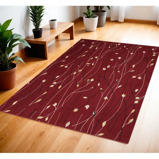 Red Black and Ivory Floral Vines Power Loom Area Rug Photo 1