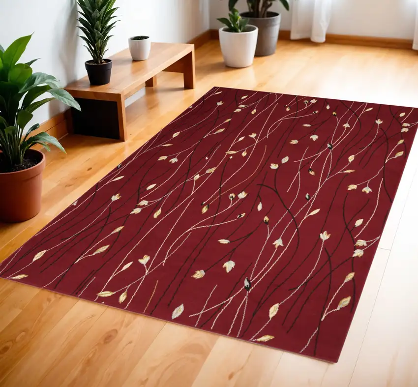Red Black and Ivory Floral Vines Power Loom Area Rug Photo 1