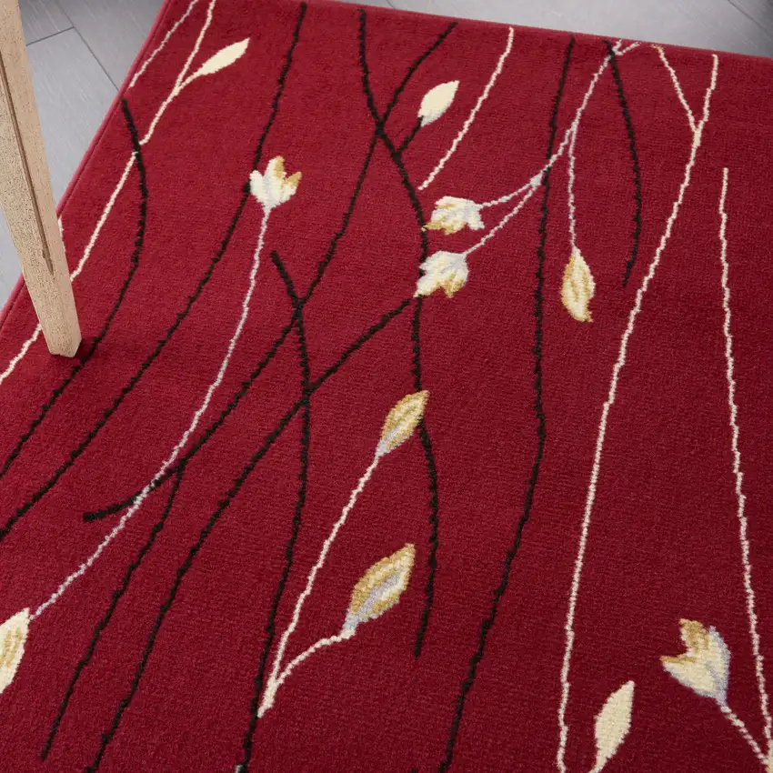 Red Black and Ivory Floral Vines Power Loom Area Rug Photo 5