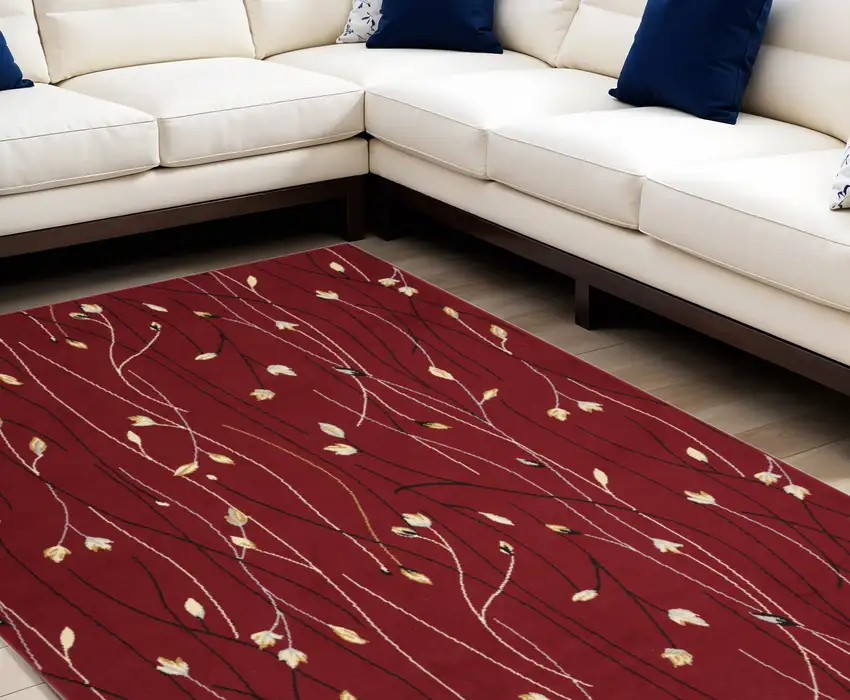 Red Black and Ivory Floral Vines Power Loom Area Rug Photo 1
