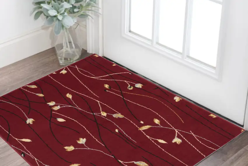 Red Black and Ivory Floral Vines Power Loom Area Rug Photo 2
