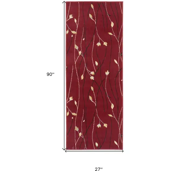 Red Black and Ivory Floral Vines Power Loom Runner Rug Photo 3
