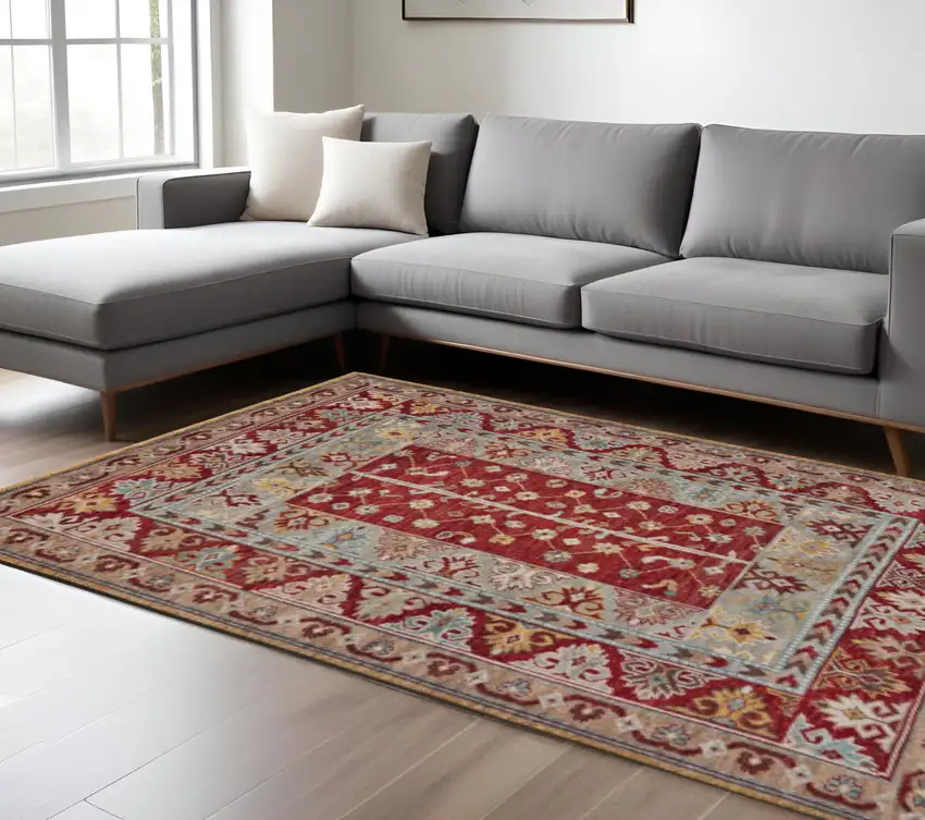 Red Blue And Brown Wool Floral Hand Knotted Distressed Stain Resistant Area Rug With Fringe Photo 1