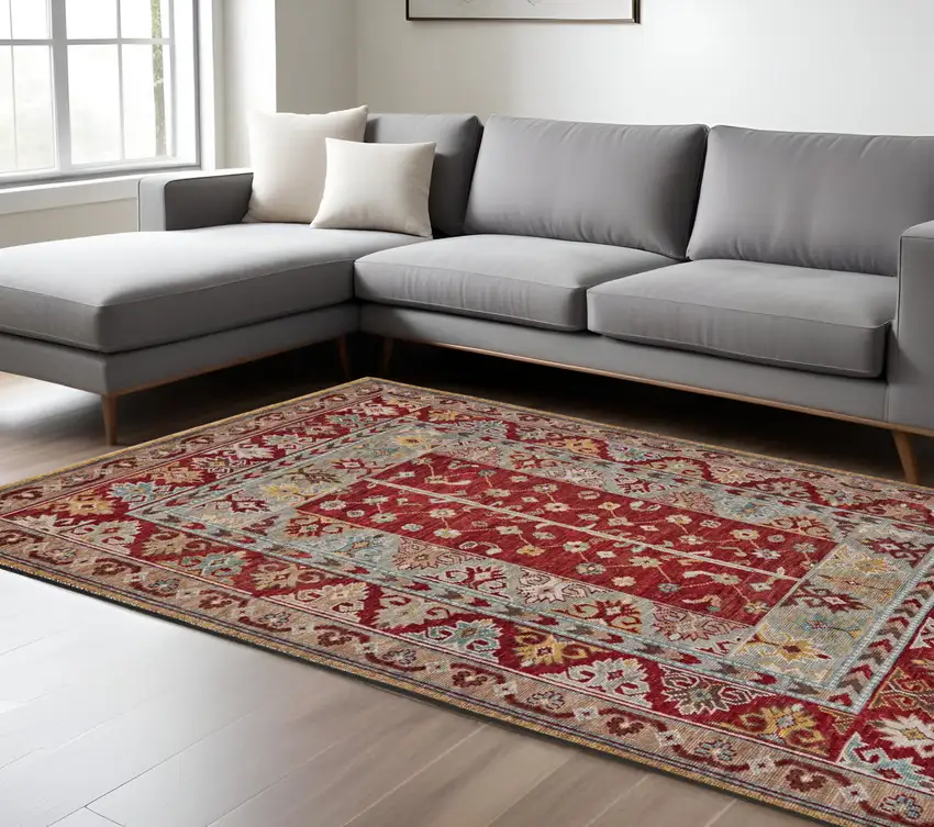 Blue and Red Wool Floral Hand Knotted Distressed Area Rug With Fringe Photo 1