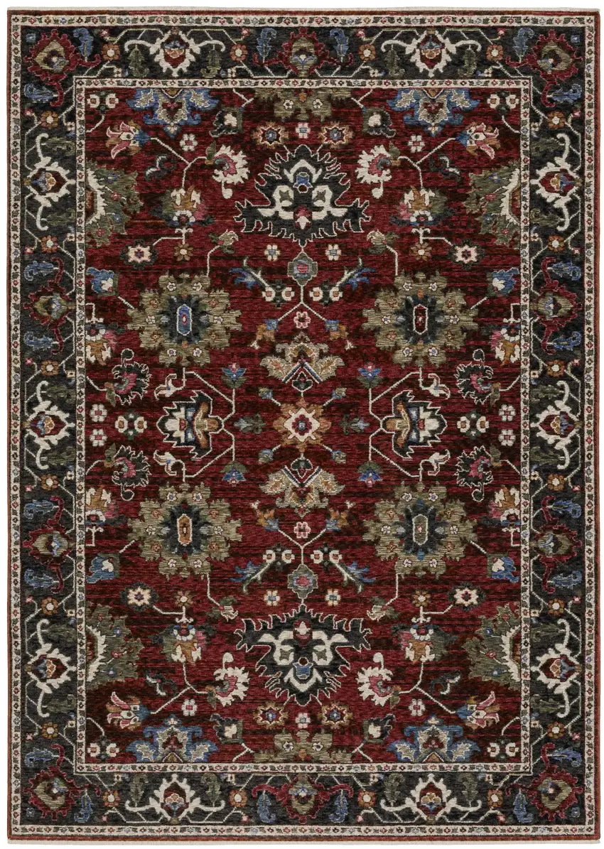 Red Blue And Charcoal Oriental Area Rug With Fringe Photo 2