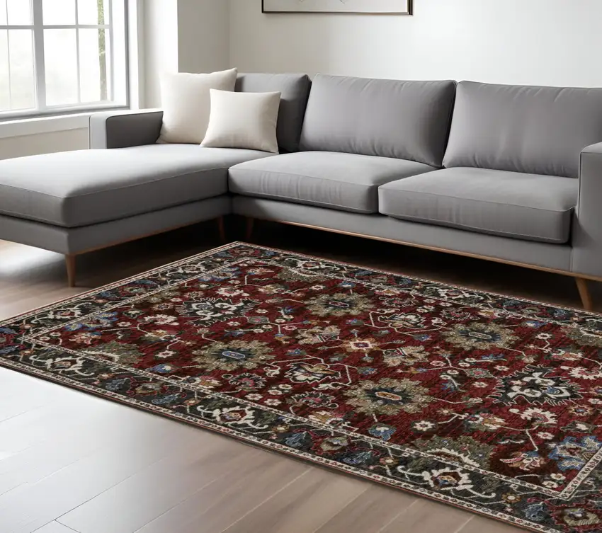 Red Blue And Charcoal Oriental Area Rug With Fringe Photo 1