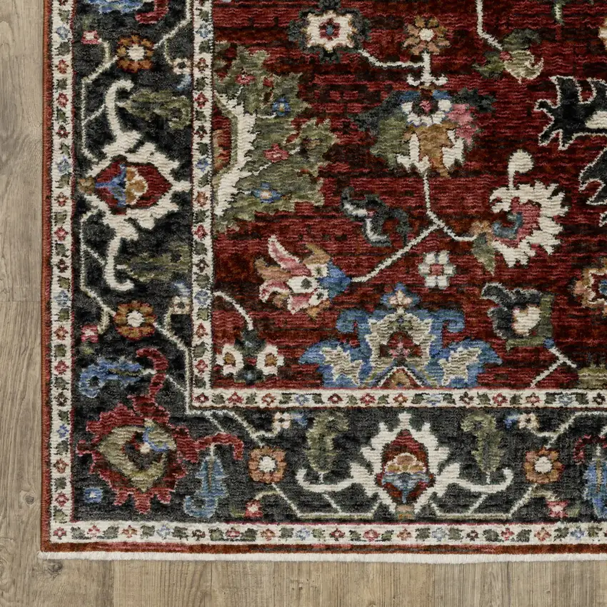 Red Blue And Charcoal Oriental Area Rug With Fringe Photo 5