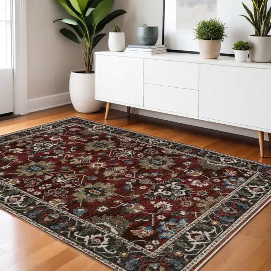 Red Blue And Charcoal Oriental Area Rug With Fringe Photo 1