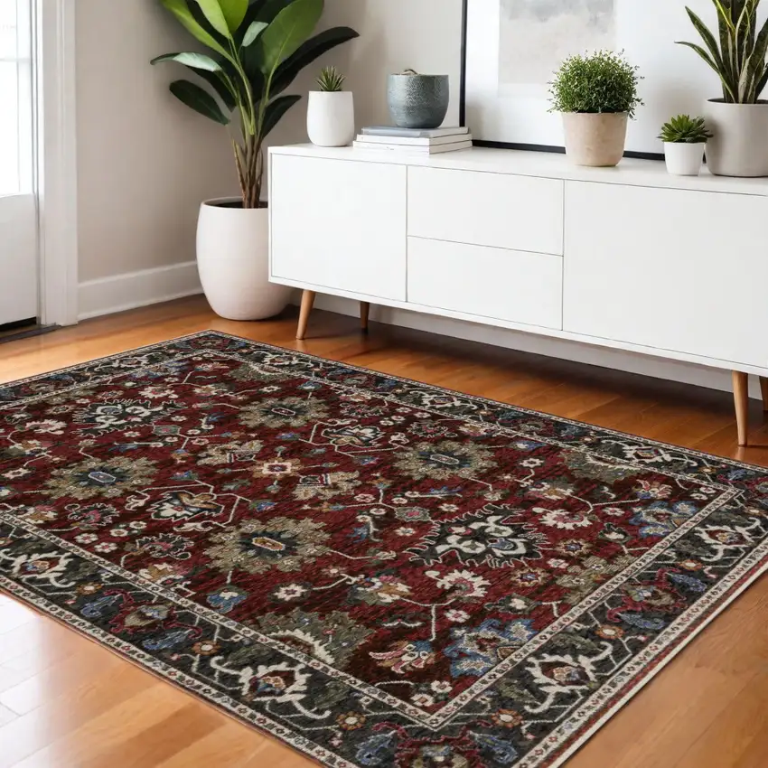 Red Blue And Charcoal Oriental Area Rug With Fringe Photo 1