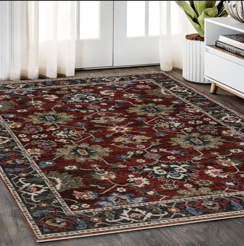 Red Blue And Charcoal Oriental Area Rug With Fringe Photo 1