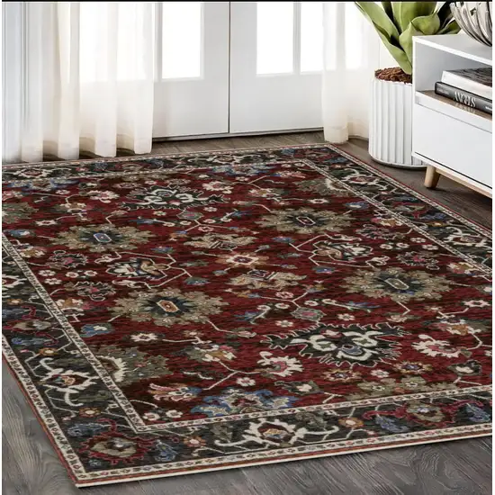 Red Blue And Charcoal Oriental Area Rug With Fringe Photo 1