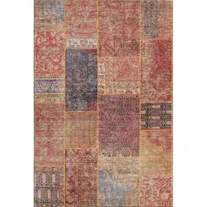 Photo of Red Blue And Gold Patchwork Washable Area Rug With UV Protection
