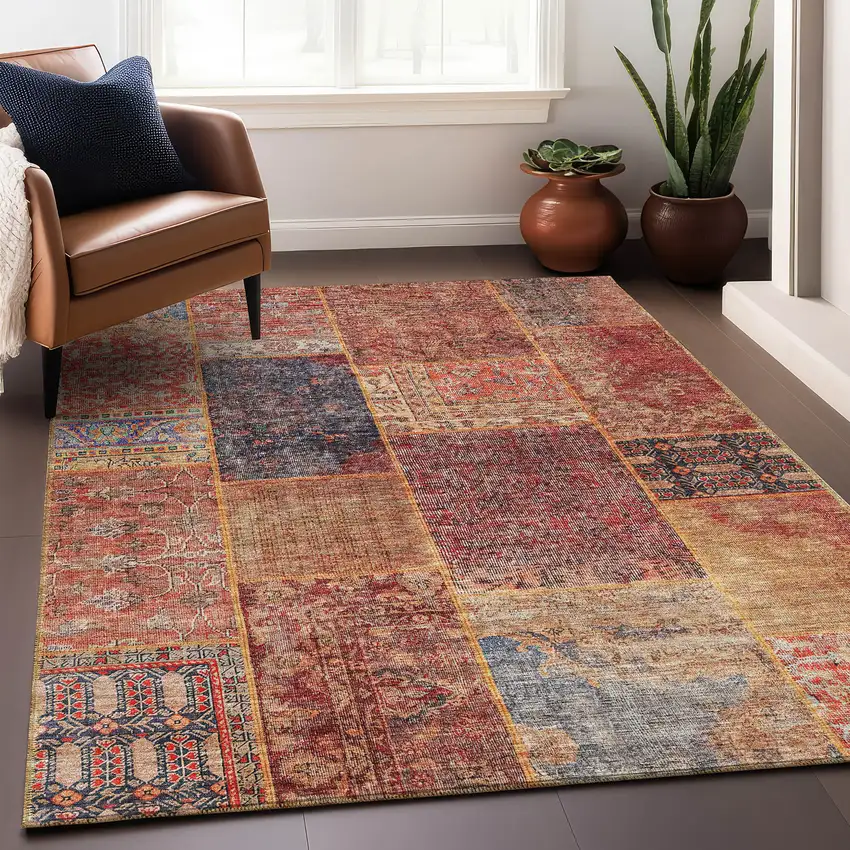Red Blue And Gold Patchwork Washable Area Rug With UV Protection Photo 5