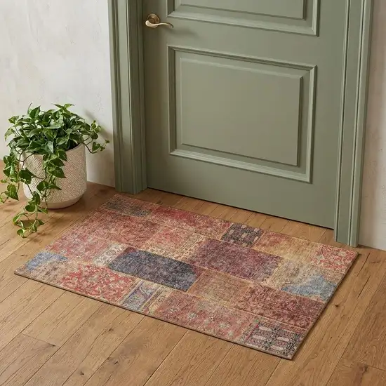 Red Blue And Gold Patchwork Washable Area Rug With UV Protection Photo 1
