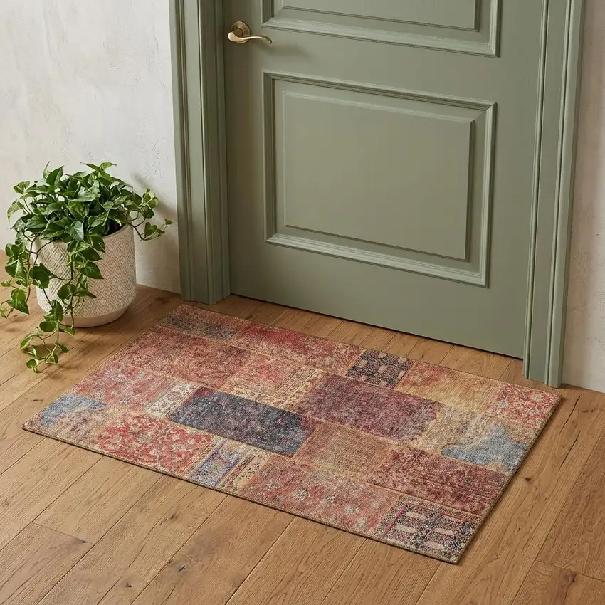 Red Blue And Gold Patchwork Washable Area Rug With UV Protection Photo 1