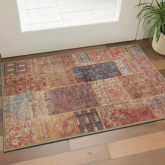 Red Blue And Gold Patchwork Washable Area Rug With UV Protection Photo 2