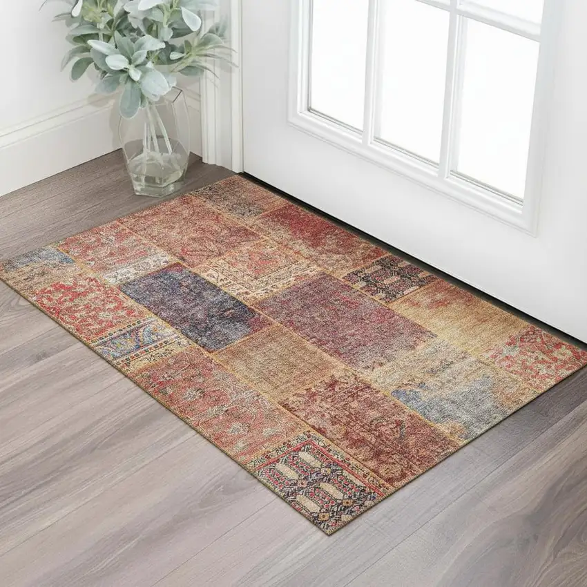 Red Blue And Gold Patchwork Washable Area Rug With UV Protection Photo 1