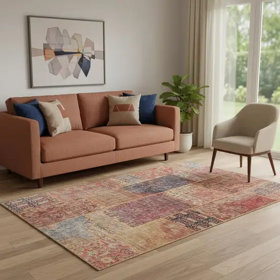 Red Blue And Gold Patchwork Washable Area Rug With UV Protection Photo 1