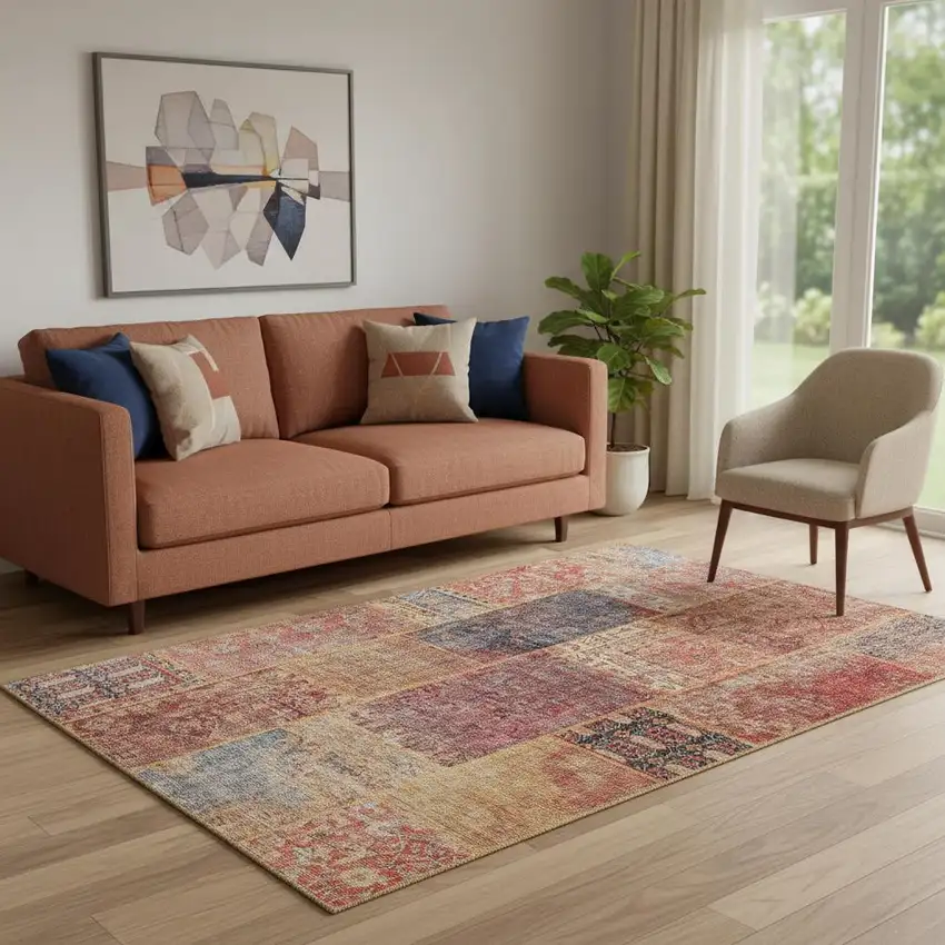 Red Blue And Gold Patchwork Washable Area Rug With UV Protection Photo 1