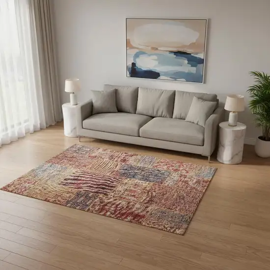 Red Blue And Gold Patchwork Washable Area Rug With UV Protection Photo 1