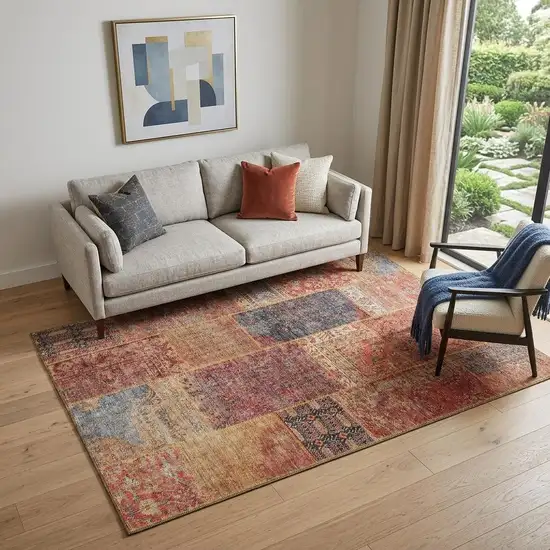 Red Blue And Gold Patchwork Washable Area Rug With UV Protection Photo 1